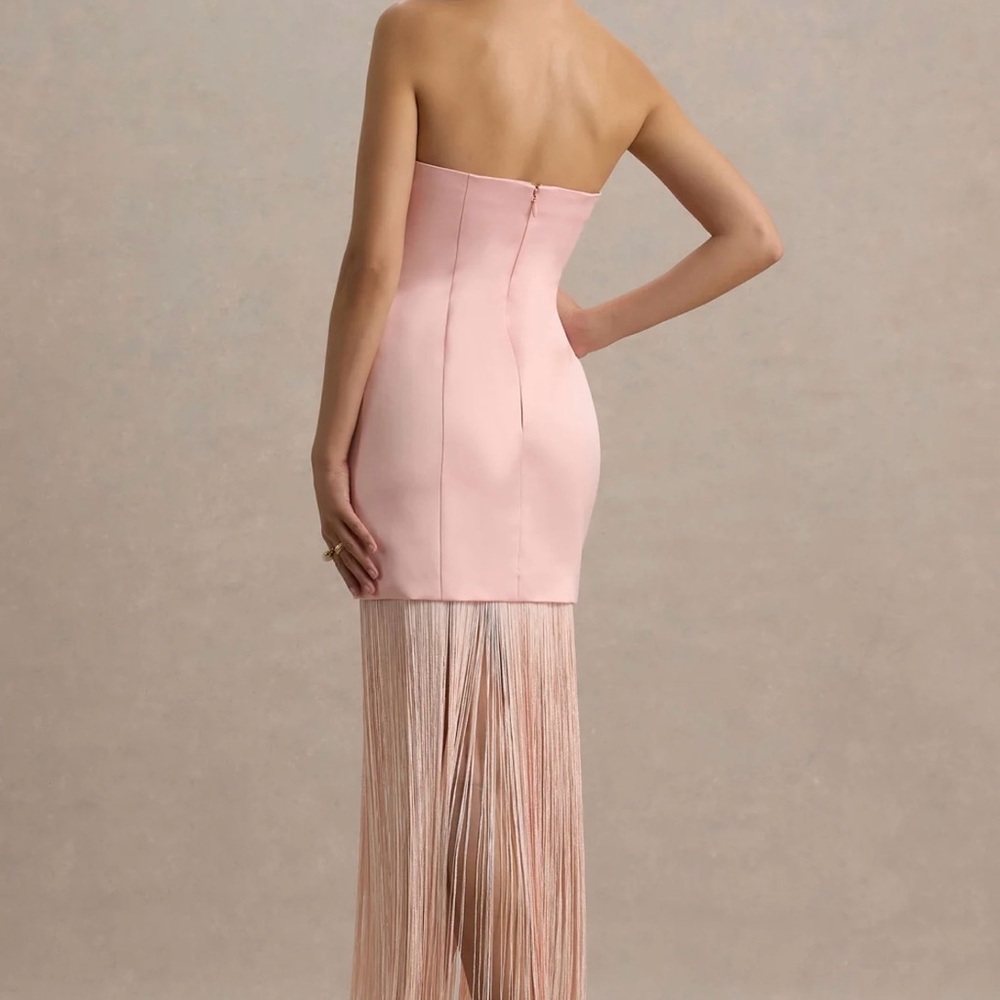 Club L London Blush Pink Satin Bandeau Maxi Dress With Fringe - Picture 6 of 10